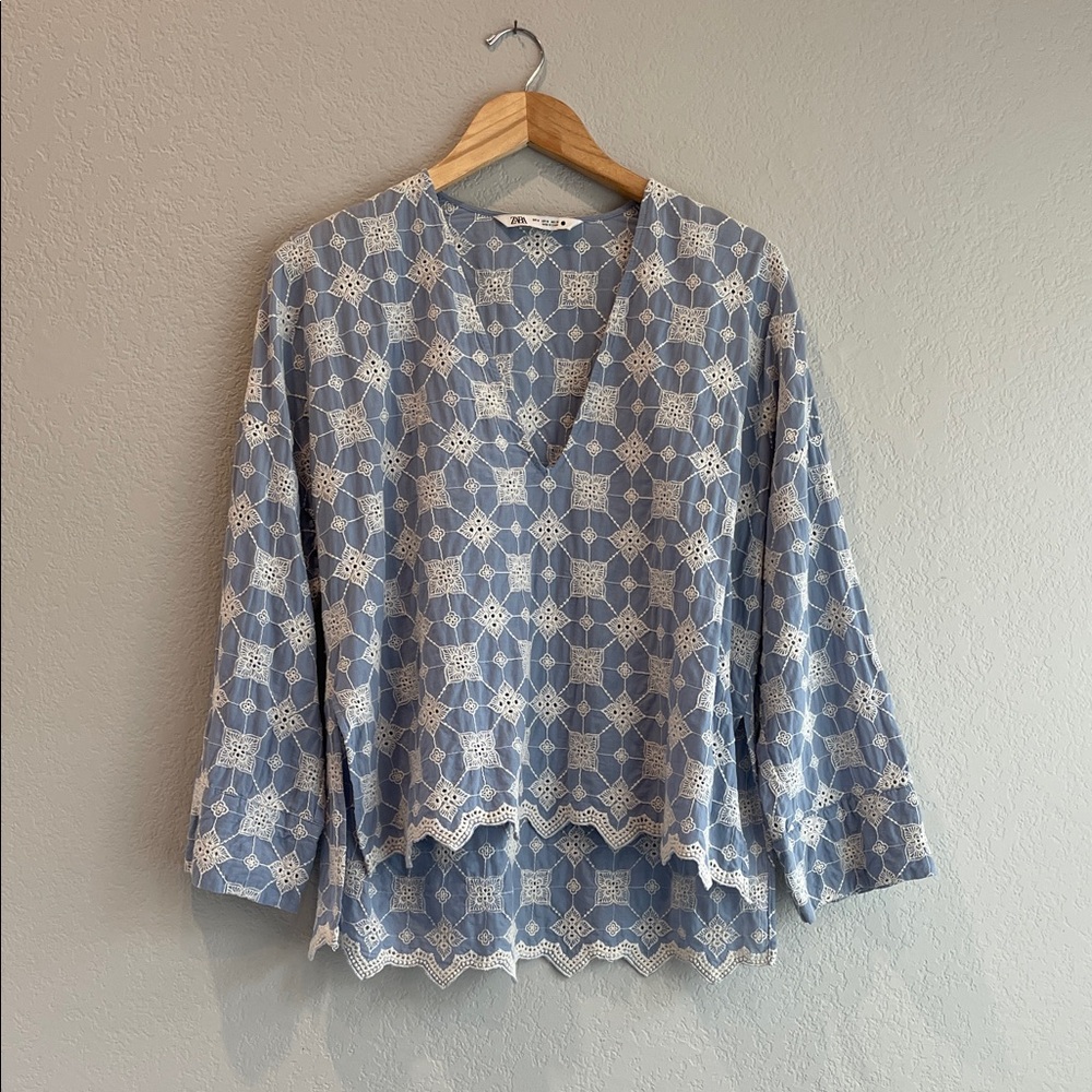 Zara Blue and White Geometric Eyelet Blouse